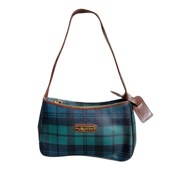 Vintage Polo Ralph Lauren Pebbled Leather Plaid Tartan Equestrian Shoulder Bag - Picture 5 of 12